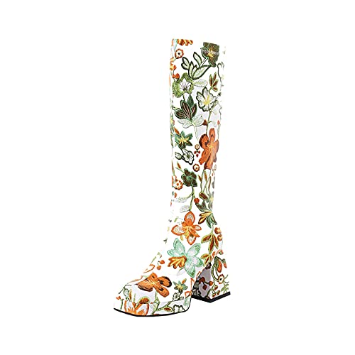 Women's Platform Knee High Boots Chunky High Heeled Boots Colorful Flower Square Toe Fashion Boots Party Dress Shoes