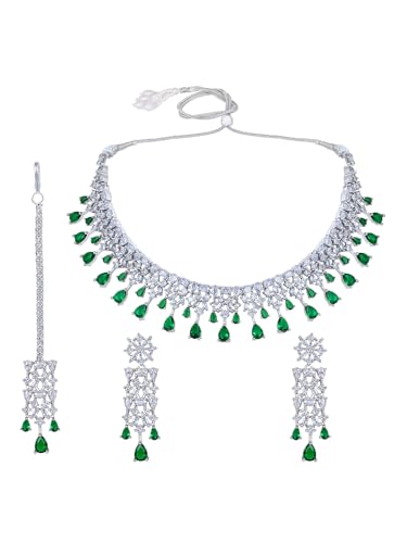 Image of ASMITTA Jewellery American Diamond Necklace Jewellery Set for Women with Earrings & Maang Tikka for Wedding, Party