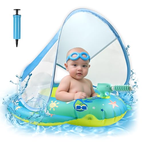 YYAQZD Baby Schwimmring Float UPF50+ Sonnenschutz Baldachin mit abnehmbarem Wasserpistole Schwimmreifen Baby verstellbare Schultergurte Schwimmtrainer aufblasbarer Schwimmen Float für 6-36 Monate