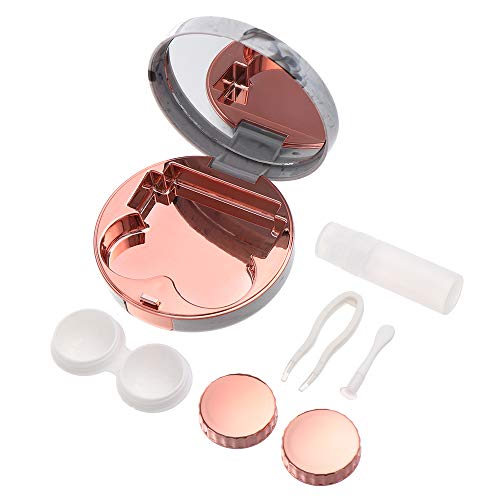 Mini Stylish Simple Contact Lens Travel Case,BeeGift Container Kit Set Contacts Lens Hard Case Travel & Home Kit Mirror with Bottle with Tweezers Container Holder (Rose Gold-Square)