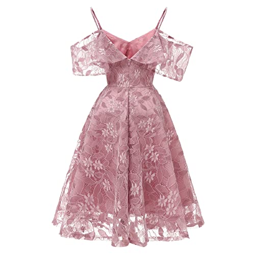 Image of IWEMEK Women Spaghetti Strap Floral Lace Bridesmaid Cocktail Party Dress Cold Shoulder Ruffle Sleeve Wedding Guest Prom Dress