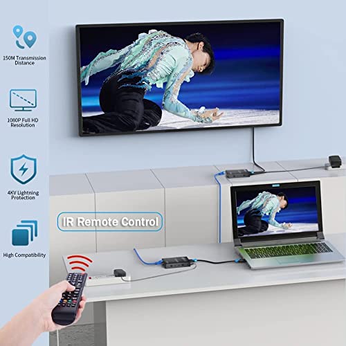Image of Digital HDMI Extender 150m IP Over Cat5e /6 Uncompressed Full HD 1080p 60Hz hdmi Over Ethernet Cable, IP extender Support IR Remote Control and Hdmi Loop Out (HDMI Extender 150m IP Over Cat5e /6)