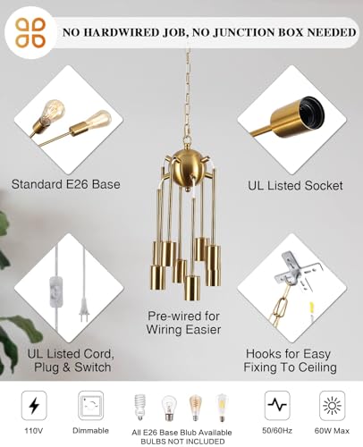 Image of LASENCHOO 8 Lights Plug in Chandelier Gold, Sputnik Hanging Lights Fixture | Plug in Pendant Light, Sputnik Outdoor Chandeliers for Gazebo Dining Room Living Room Bedroom Kitchen, 16.4ft Cord & Switch
