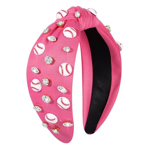 boderier Baseball Headband Hair Accessories Crystal Baseball Embellished Wide Knotted Headband for Women Game Day Accessories (Hot Pink)