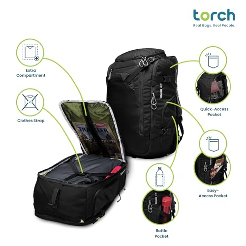torch Travel Backpack 40L – TSA Friendly Flight Approved, Carry-On Waterproof Hiking Daypack with Rain Cover – Lightweight Rucksack for Camping, Trekking, Outdoor Adventures – Takahagi(Black)4