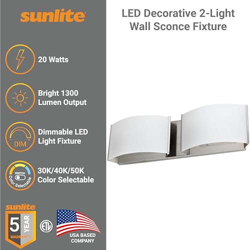 Image of Sunlite 82112 LED Decorative Vanity Light Fixture, 20 Watts, 1300 Lumens, Color Selectable 30K /40K /50K, 2 Lights, Dimmable, 90 CRI, ETL Listed, Brushed Nickel, for Bathroom, Powder Rooms, and Hotels