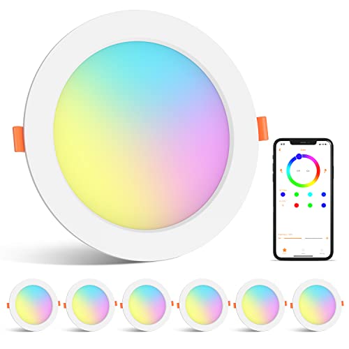 ChangM Foco LED empotrable RGB, 12 W, 4 pulgadas, blanco cálido, bombilla Bluetooth, control por aplicación, regulable, foco LED de techo, foco empotrable, 6 unidades