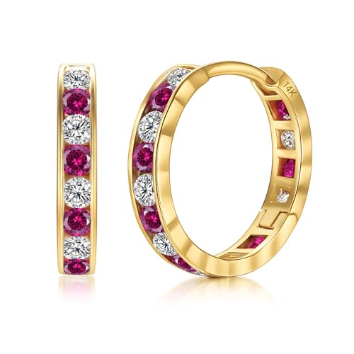 Small Solid 14K Gold Huggie Earrings for Women with White, Pink and Red CZs | Hypoallergenic Cubic Zirconia Hoops with Diamond Cut in 11MM, 14MM and 18MM by MAX + STONE