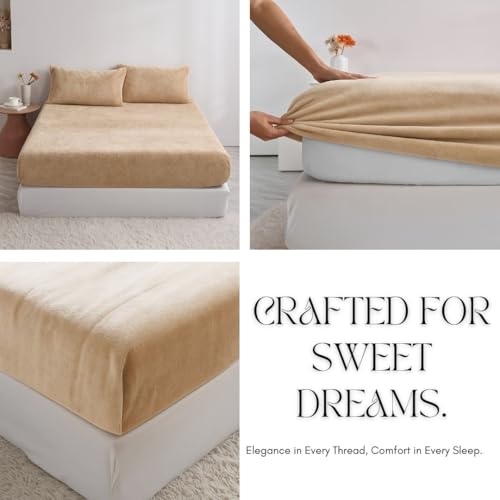 Image of VAS COLLECTIONS Luxury Warm Winter Elastic Fitted Bedsheet with 2 Pillow Covers - Ultra Soft Flannel Velvet Touch, Cozy & Wrinklefree lintfree Size - 78x72+10 Inches (Beige)