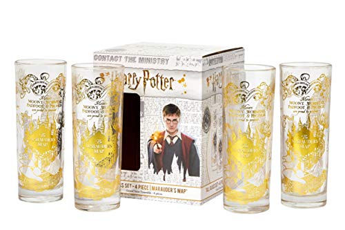 Harry Potter Marauder's Map Highball Glasses, Set of 4 - Skinny Glass with Gold Map Design - 8 oz