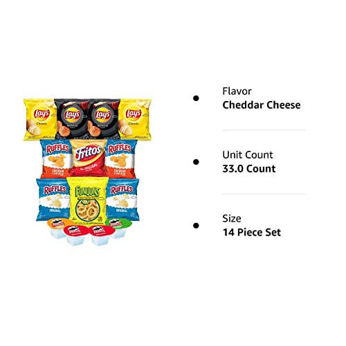 VARIETY PACK - Hot Snacks Lays & Ruffles Chips, Fritos, Funyuns Pringles Stacks Individual Size Bags Classic, Barbecue, Cheddar, Ranch and Spicy Flavored (Chips Pack), 14 Piece Set, 33.0 Count