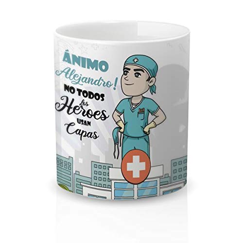 Yujuuu! | Taza personalizable con nombre | Taza cerámica para regalo original Profesión Enfermero. RESISTENTE 100% al microondas y lavavajillas. (Diseño 02) Frase Héroe sin capa.