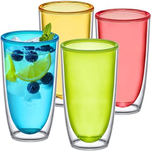 Amazing Abby - Andes - 22-Ounce Insulated Plastic Tumblers (Set of 4), Double-Wall Plastic Drinking Glasses, Mixed-Color Reusable Cups, BPA-Free, Shatter-Proof, Dishwasher-Safe