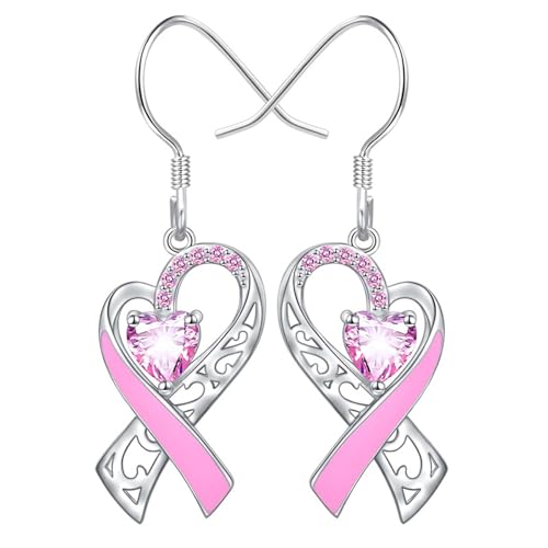 Breast Cancer Awareness Earrings For Women, Pink Ribbon Heart Dangle Drop Earrings Breast Cancer Survivor Gift Support Christmas Thanksgiving Holiday Jewelry