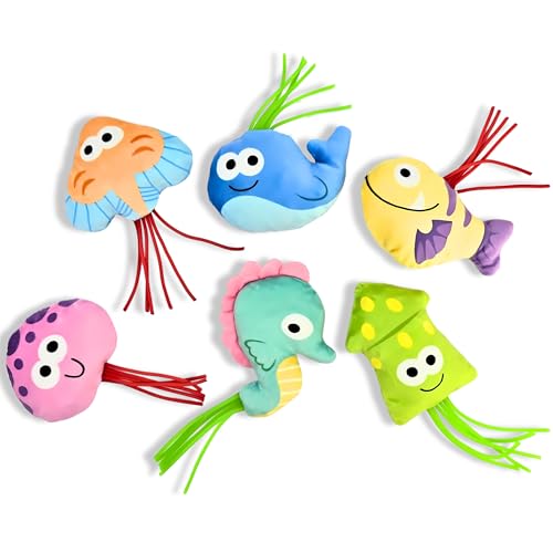 Interactive Catnip Toys for Indoor Cats Set of 6 Soft and Durable Stuffed Sea Animal Plush Toys, Crinkle Sound Cat Kicker Toys, Perfect for Promoting Kitten Exercise and Ideal Gifts for Cat Lovers