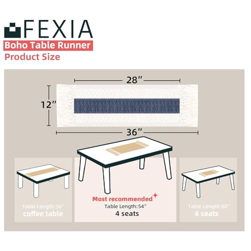 Image of FEXIA Boho Blue Table Runner 36 Inches Long with Tassels Macrame Farmhouse Summer Style Graduation Party Rustic Wedding Baby Shower Dining Kitchen Living Room Decor (12x36 Inches)