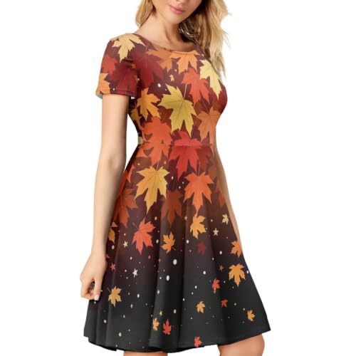Image of HUGS IDEA Womens Puffy Swing Midi Dress Round Neck Short Sleeve Party A-Line Dresses