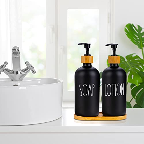 Bathroom Soap and Lotion Dispenser Set with Tray by Brighter Barns - Black Glass Hand Soap Dispenser Set - Farmhouse Bathroom Decor, Boho Bathroom Decor, Matte Black Bathroom Accessories Set (Black) - Thumbnail 6