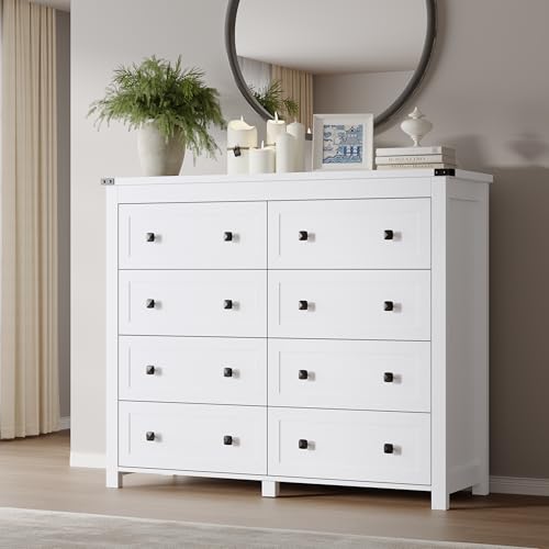 Image of BORNOON Tall 8-Drawer Dresser, Modern Wooden Storage Chest of Drawers, Dresser TV Stand, Wood Drawer Organizer with Metal Handles for Bedroom, Living Room, Hallway