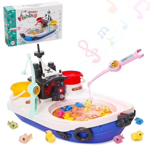 【Gioco di pesca - Competizione】Questo gioco di pesca a rotazione contiene 8 pesciolini, 2 anatre, 2 canne da pesca per bambini e 2 secchio di stoccaggio. I bambini possono competere contro i genitori o gli amici per vedere chi cattura per primo un pesce. Se vincono, la luce, la musica e l'effetto spray si accenderanno