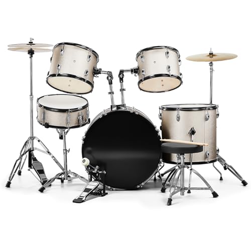 UDeuxff 22 Inch Adult Drum Set, 5-Piece Full-Size Drums Kit with Cymbal Stands, Hi-hat Stand, Sticks, Drum Pedal, Stool & Floor Tom for Beginner (Silver)