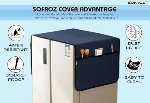 Image of Refrigerator Double Door Waterproof, Dustproof, Protective Cover for Fridges with Extra Storage Space Nylon Top Cover with 6 Storage Pockets (170 x 65 cm) (Navy Blue)