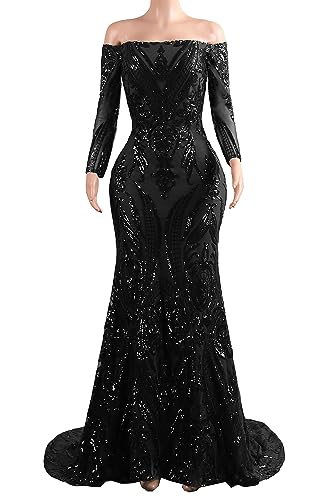Women's Bateau Long Sleeves Sequins Mermaid Evening Dress