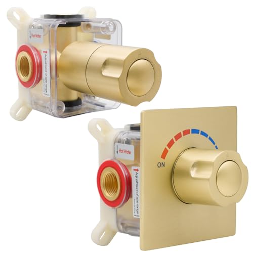 NPYSVSSS 2 Way Push Button Thermostatic Shower Diverter Mixing Valve, Concealed 2 Outlet Multi Function Can Control temperature and Separate with Free Combination,Brushed Gold