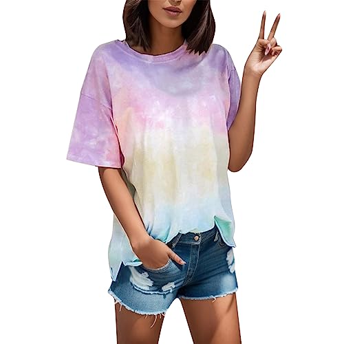T-shirt Tie-Dye pour femme - Col rond - Confortable - Décontracté - Pour l'été - Manches courtes - Confortable - Respirant - Léger - Pour les loisirs -...