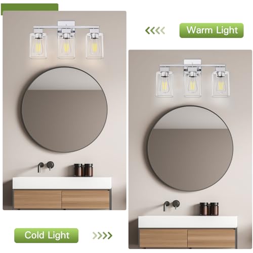 Image of Chrome Bathroom Vanity Light - 3 Light Bathroom Light Fixture Square Design & UL Certification, Bath Room Lighting Fixtures Over Mirror, Modern Vanity Lighting Fixture for Living Room