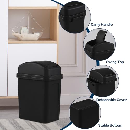 Image of 7 L Plastic Swing Lid Garbage Bin, Small Trash Can for Bathroom /Living Room /Bedroom, Black