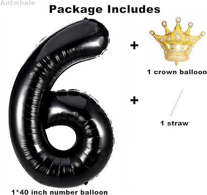 Miniatura 2 de Globos de papel de aluminio negro de 40 pulgadas con corona dorada desmontable, globos de helio de Mylar de gran tamaño para fiesta de 6 cumpleaños,