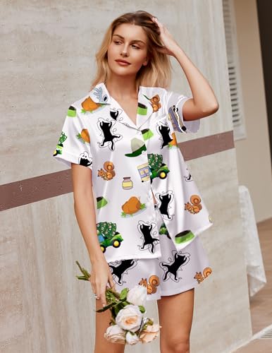 Image of Ekouaer Silk Satin Pajamas 2 Piece Pajamas for Women Set Button Down PJ Short Sleeve and Shorts Pjs Lounge Sets