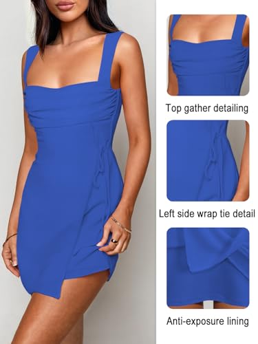 Image of Women's Sexy Ruched Mesh Midi Short Dresses for Women Square Neck Fitted Elegant Club Party Cocktail Dress