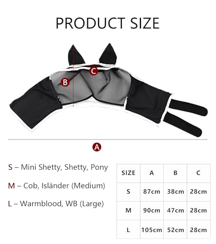 TAKONE Fliegenmaske Pferd Schwarz – Pferdemaske mit Ohren, Klettverschluss & Mesh-Gewebe – Für Cob & Isländer, Atmungsaktiv & Insektenschutz (M)