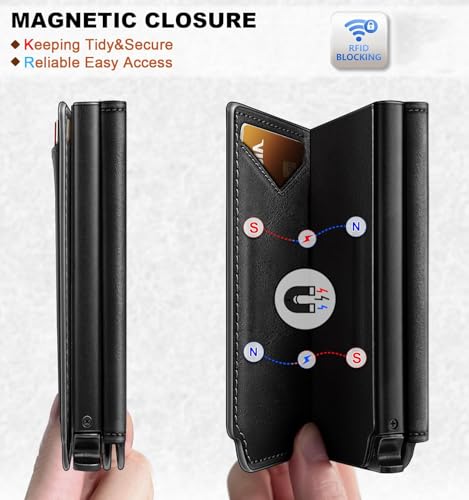 Image of VOGARD RFID Blocking Pop-Up Wallet for Men | Slim Leather Bifold Wallet with Metal Card Holder, Magnetic Flip, ID Window & Cash Pocket | Holds 10 Cards Black