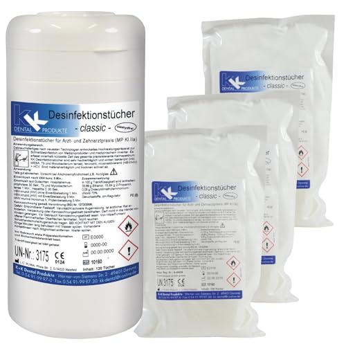 KK Desinfektionstücher Set, praktische Spenderdose mit 120 Desinfektionstüchern und 3 Nachfüllbeutel mit 120 gebrauchsfertigen Tüchern, Duftsorte: Classic, Flächendesinfektionsmittel