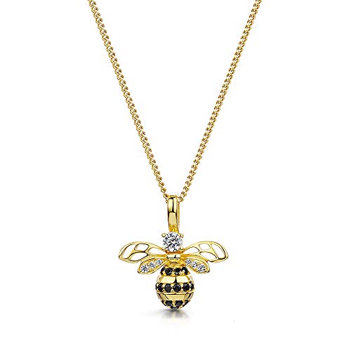 JOOLS by Jenny Brown - Sterling Silver Yellow Gold Bee Pendant Necklace - Set With Black and White Cubic Zirconia Stones - Rhodium Finished, Tarnish Free