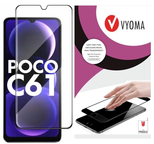 Image of VYOMA Military-Grade Gorilla Tempered Glass for Poco C61 (Black) | Edge to Edge Full Screen Coverage | Scratch Resistant | With Easy Installation Kit | Screen Protector for Smartphone | Bubble-Free | Ultra Clear HD Glass | Oleophobic Coating | High Clarity | 9H Hardness | Scratch Resistant | ShatterProof | ScreenGuard | Pack of 1
