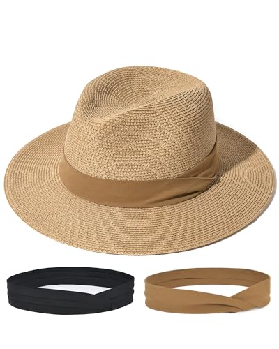 Image of FURTALK Sun Hat Wide Brim Straw Fedora Panama Beach for Men Women | Foldable & Packable for Travel, Breathable Sweatband, Adjustable Chin Strap, Ideal for Summer Boating, Gardening or Holidays