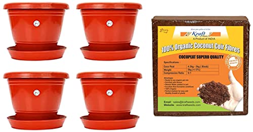 Image of Kraft Seeds 8-inch Garden Balcony Flowering Planter with Bottom Plate /Tray (Red /Terracotta, Pack of & Compressed CocoPeat Block, 5Kg Combo