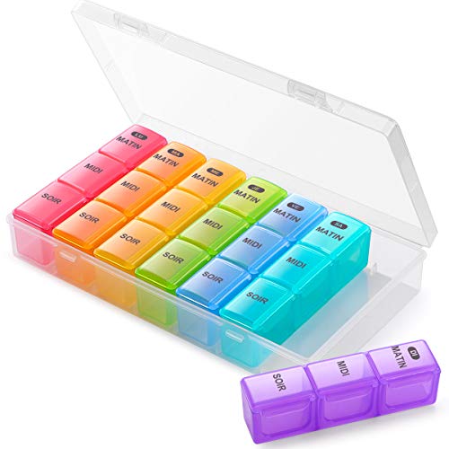 SUKUOS Pilulier 7 Jours Matin Midi Soir Français Pilulier Semainier 21 Compartiments Multicolores avec Trousse - 3 Fois Par Jour Cover