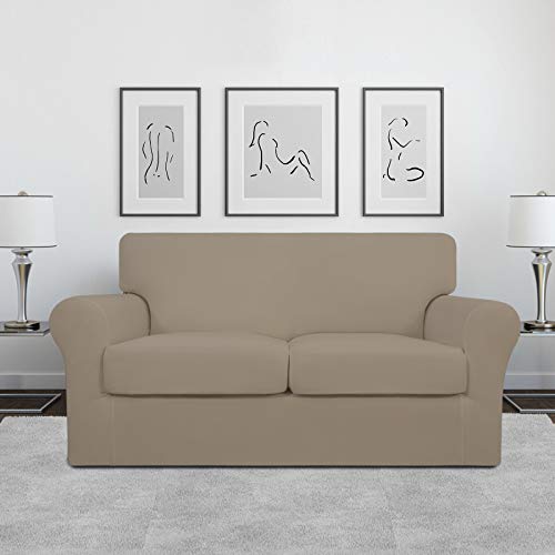 Image of Easy-Going 3 Pieces Stretch Loveseat Couch Cover for 2 Cushion Washable | Sofa Slipcover for Stretch 2 Separate Sectional Cushion Couch - Furniture Protector for Pets, Kids Natural