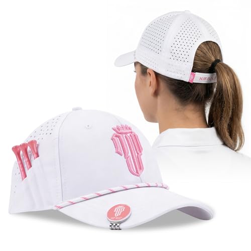 NJF Golf Hat for Women with Tee Holder & Magnetic Ball Marker - White Pink