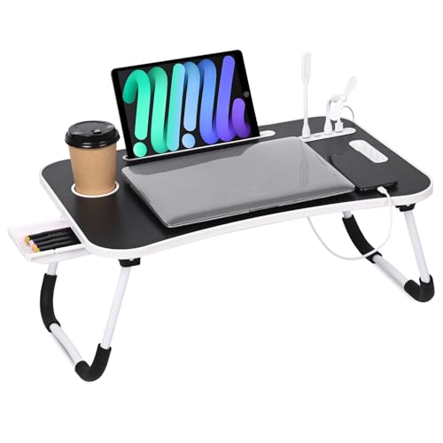 23.6 inch Portable Bed Desk, Folding Lap Desk with 4 USB Ports, Wind Fan, LED Light, Cup Holder and Side Drawer for Working, Reading, Writing, Eating on Bed, Sofa, Floor (Black)