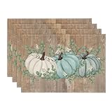 Artoid Mode Wood Pumpkins Eucalyptus Leaves Fall Placemats Set of 4, 12x18 Inch Autumn Thanksgiving Harvest Vintage Table Mat for Party Dining Decoration