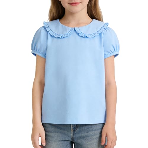 Image of Magic Park 12M-14Y Toddler Short Sleeve T-Shirt Girls Ruffle Blouse Kids Solid Color Tee Casual Tops Holiday Clothes