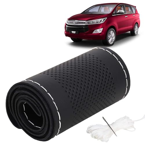 Image of KINGSWAY PU Leatherite Car Steering Cover Sewable Compatible with Toyota Innova Crysta (Year 2015-2021), Black Color with Silver Thread, Pack of 1 with Sewing Needle and Thread