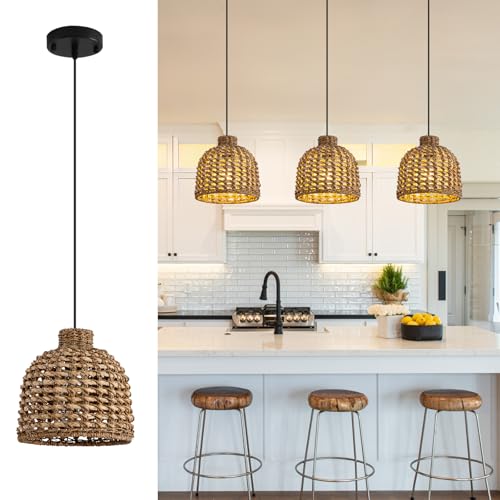 Teru Ji Kaikang 3-Pack Rattan Pendant Light,Mini Seagrass Hanging Light