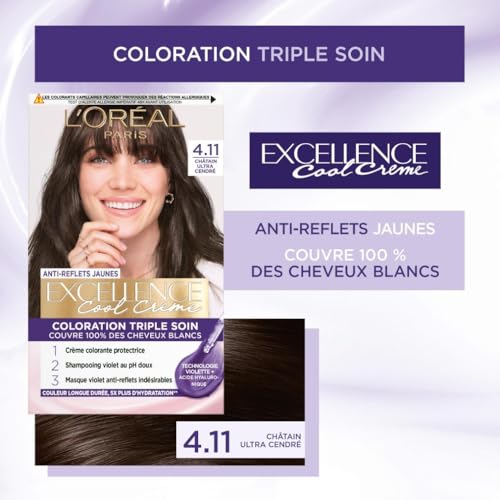 Coloration Permanente 4.11 Châtain Ultra Cendré Triple Soin Anti reflets Jaunes Excellence Cool Crème 'oreal Paris La Boîte De Coloration - vue 5